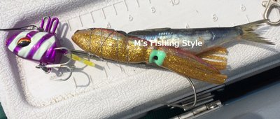 テンヤにヤリイカベイトを装着例（レッドゴールド）