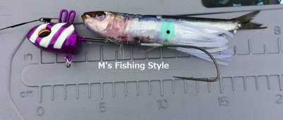 テンヤにヤリイカベイトを装着例（ケイムラ）